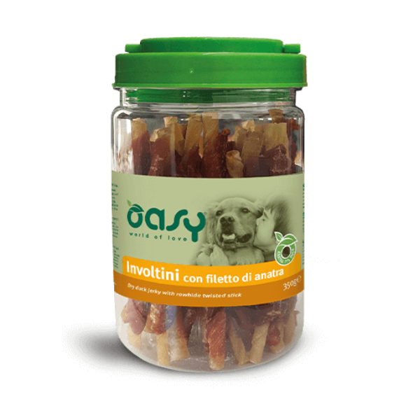 Oasy Involtini con Filetto di Anatra Barattolo Snack Cani 350 Gr Oasy Involtini con Filetto di Anatra Barattolo Snack Cani 350 Gr